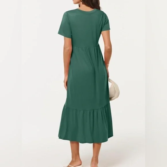 Short Sleeve T-Shirt Maxi Dress Flowy V-Neck Tiered Beach Vacation Sundress - Picture 2 of 8